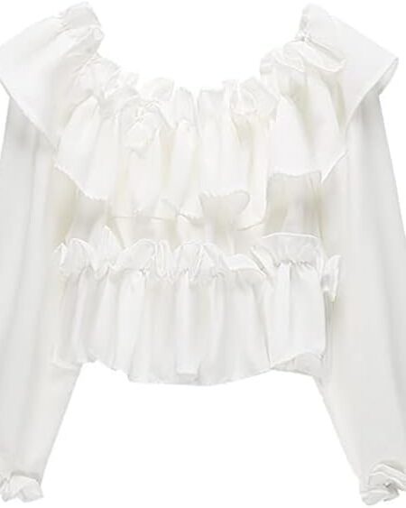 Women's Slash Neck Off Shoulder Ruffle Baggy Puff Sleeve Pleated Blouse