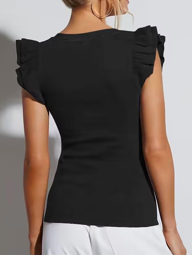 Women's V Neck Ruffle Sleeve Sleeveless Ribbed Tank Top - Image 2