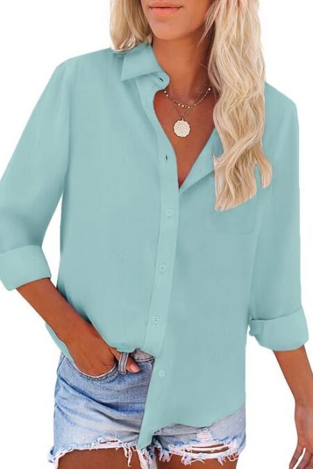 Women's Long Sleeve Wrinkle Free Button Down Work Dress Shirt with Pocket