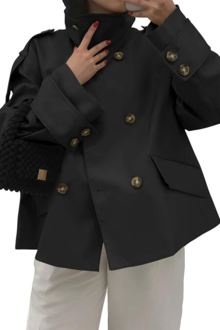 Women's Oversized Double Breasted Stand Collar Short Cropped Trench Coat