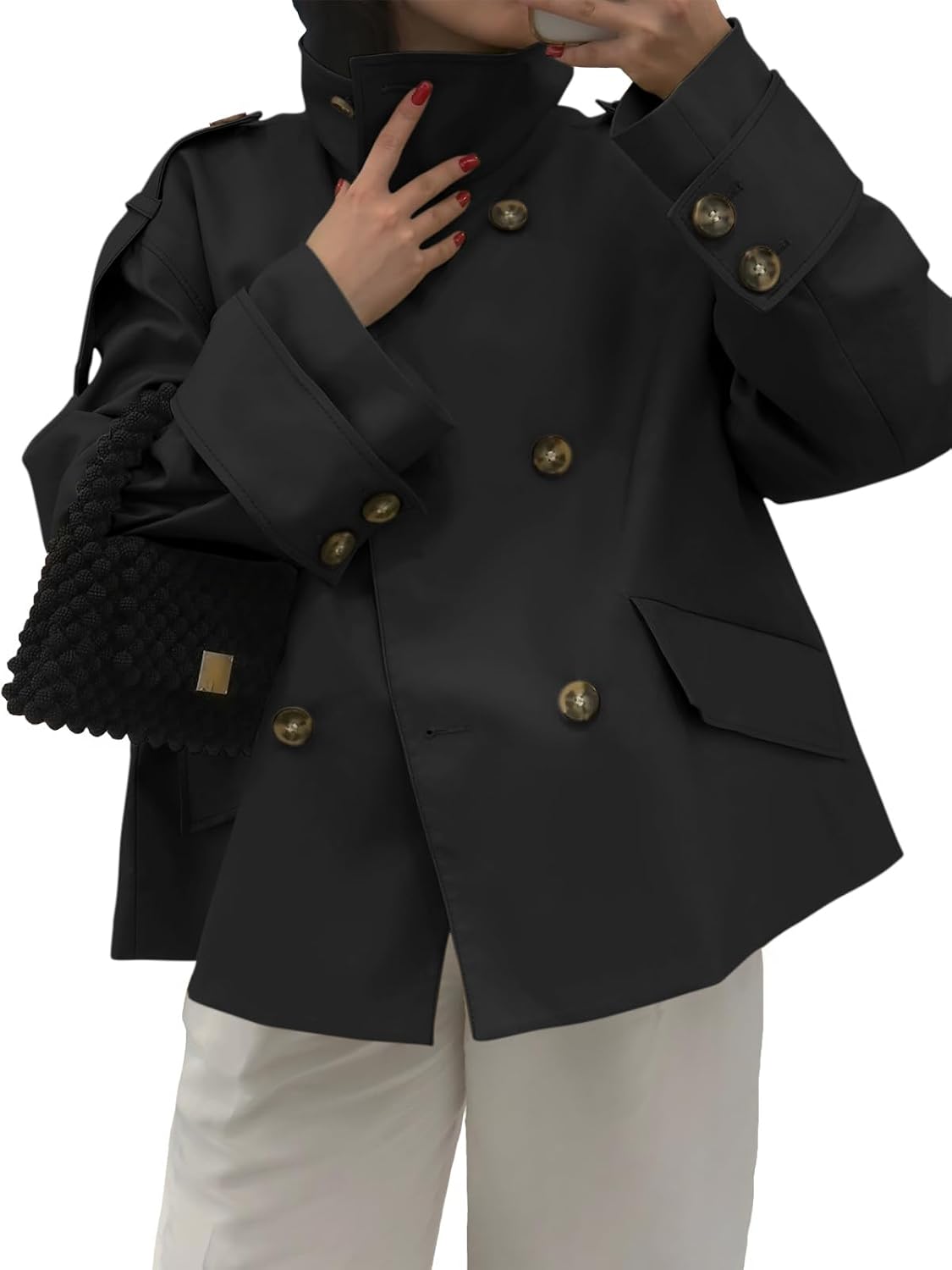 Women's Oversized Double Breasted Stand Collar Short Cropped Trench Coat