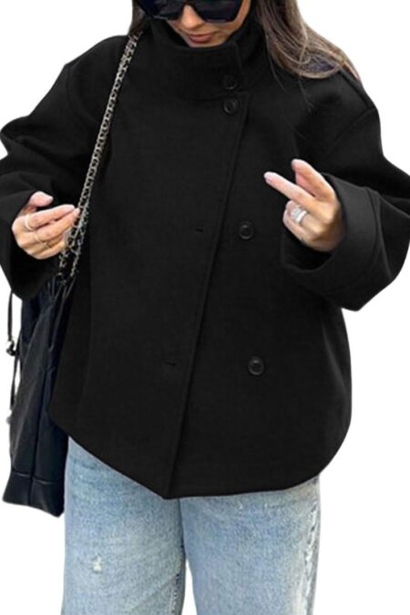 Women's Crop Wool Blend Single Breast Short Loose Casual Pea Coat