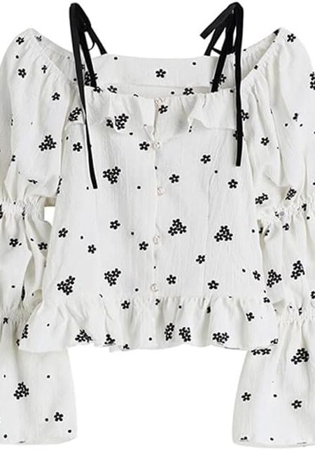 Women's Retro Floral Print Baggy Puff Sleeve Off Shoulder Blouse