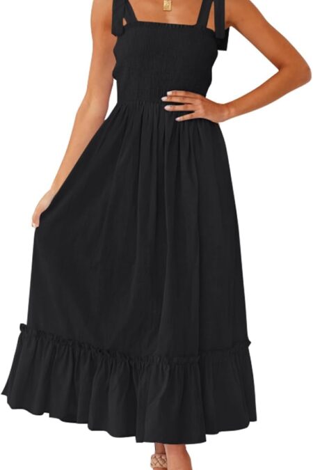 Women's Square Neck Tie Up Ribbon Straps Floral Tiered Maxi Dress