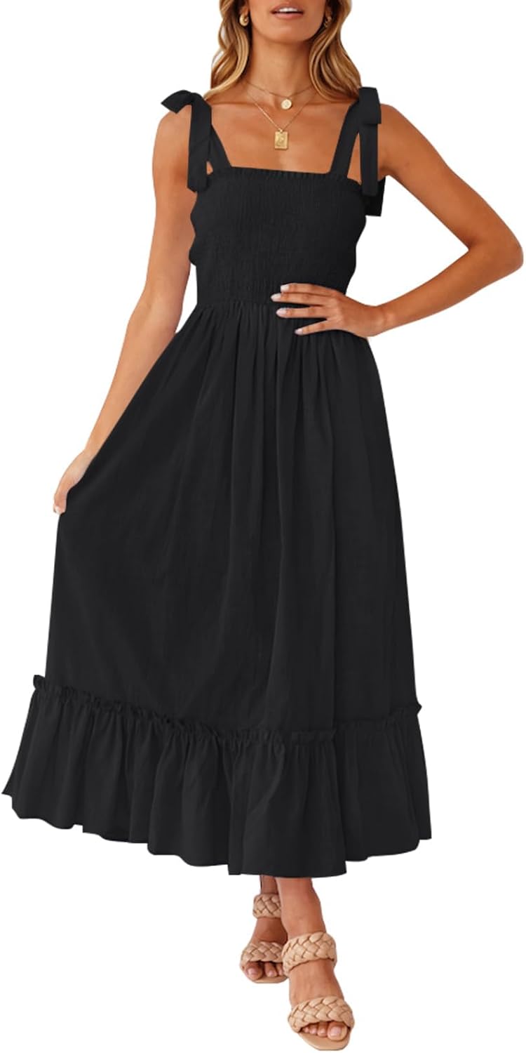 Women's Square Neck Tie Up Ribbon Straps Floral Tiered Maxi Dress