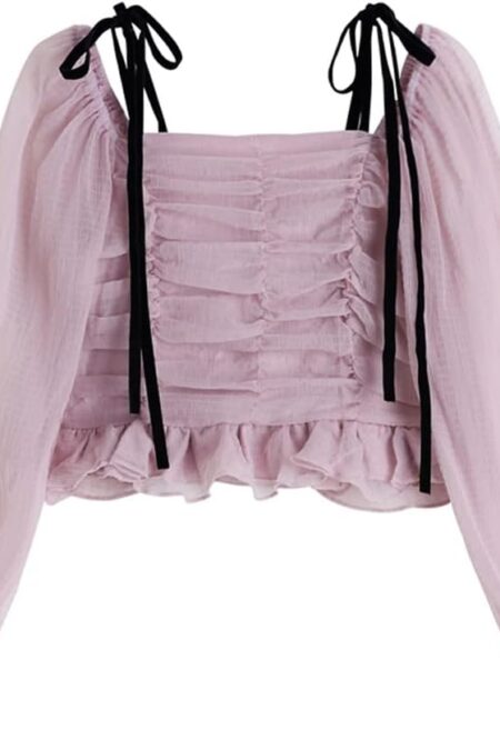 Women's Off Shoulder Square Collar Pleated Mesh Long Sleeve Chiffon Top
