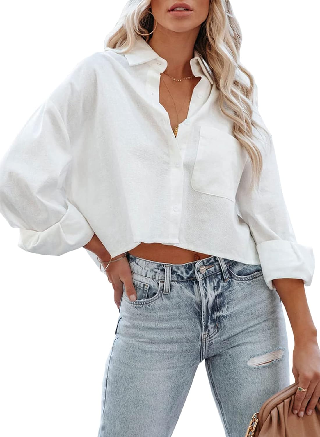 Women's Cotton Long Sleeve Collared Button Down Cropped Shirt with Chest Pocket - Image 2