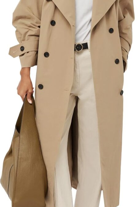 Women's Oversized Long Double Breasted Lapel Windproof Trench Coat with Belt