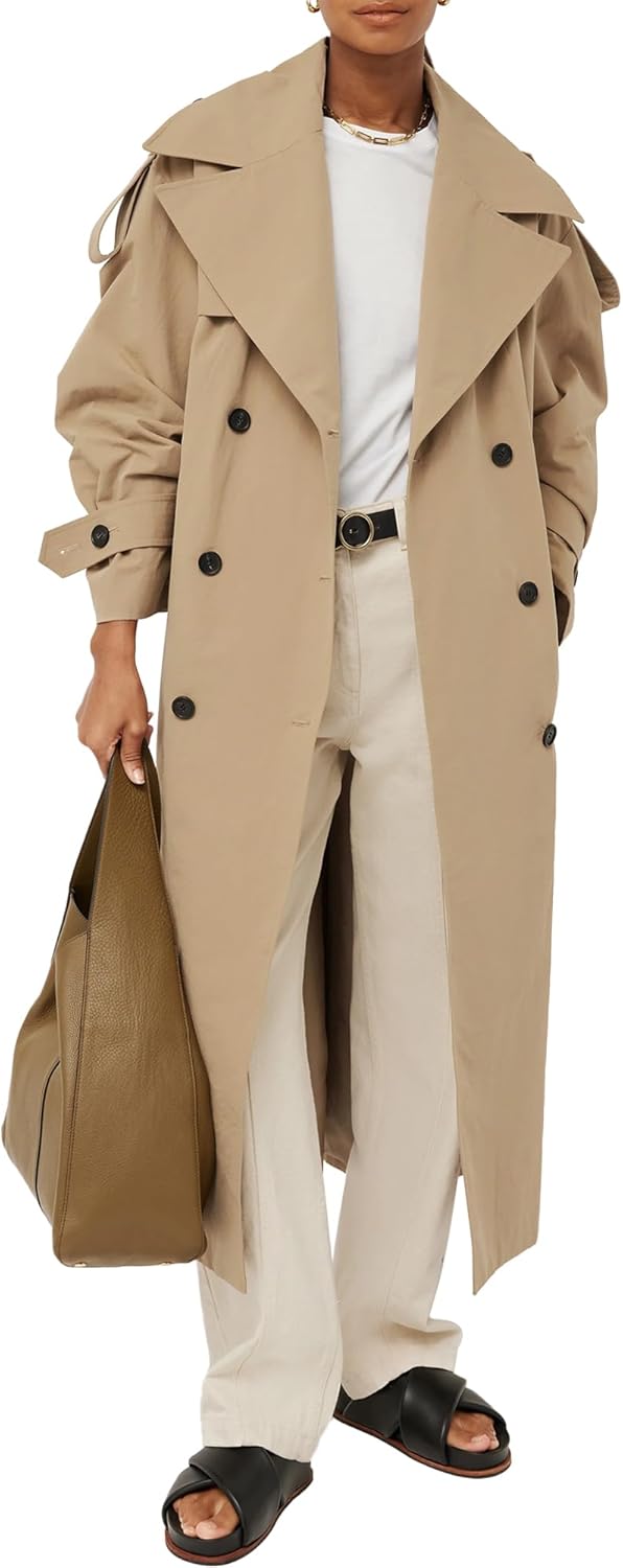Women's Oversized Long Double Breasted Lapel Windproof Trench Coat with Belt