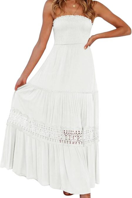 Women's Strapless Off Shoulder Lace Trim Backless Flowy A Line Maxi Dress