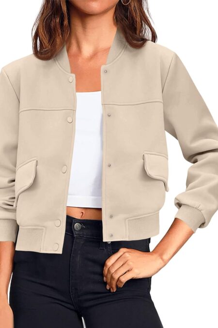 Women's Cropped Button Down Stand Collar Varsity Bomber Jacket