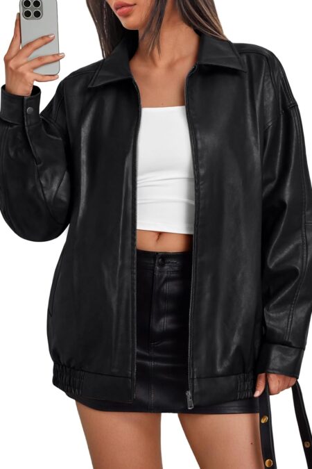 Women's Oversized Faux Leather Bomber Jacket Moto Coat