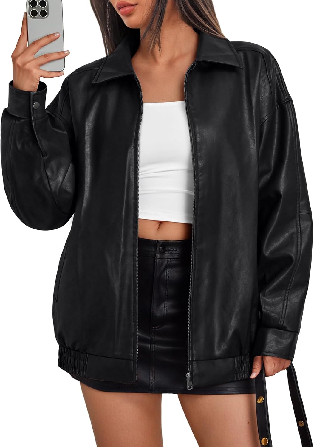 Women's Oversized Faux Leather Bomber Jacket Moto Coat