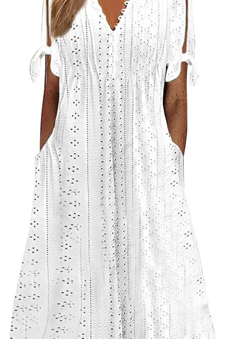 Women's Short Sleeve Eyelet Tshirt Casual Summer Beach Vacation Maxi Dress