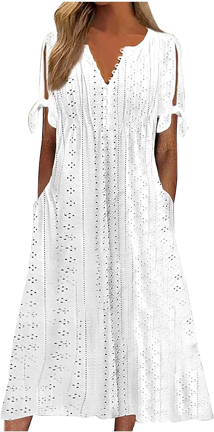 Women's Short Sleeve Eyelet Tshirt Casual Summer Beach Vacation Maxi Dress
