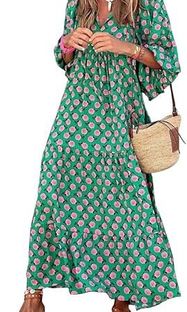 Women's Loose Fit V Neck Half Sleeve Bohemian Geometric Pattern Maxi Dress