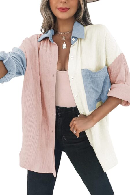 Women's Color Block Long Sleeve Oversized Boyfriend Button Down Blouse
