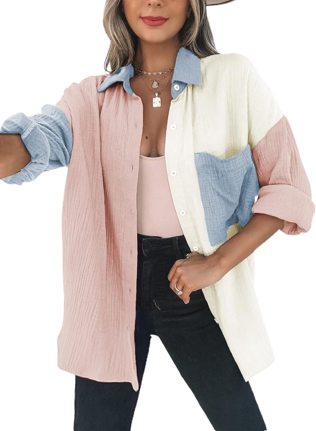 Women's Color Block Long Sleeve Oversized Boyfriend Button Down Blouse