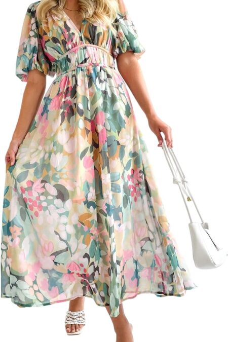 Women's Boho Floral Print V Neck Short Sleeve Summer Midi Dress