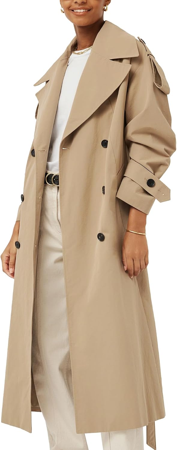 Women's Oversized Long Double Breasted Lapel Windproof Trench Coat with Belt - Image 2