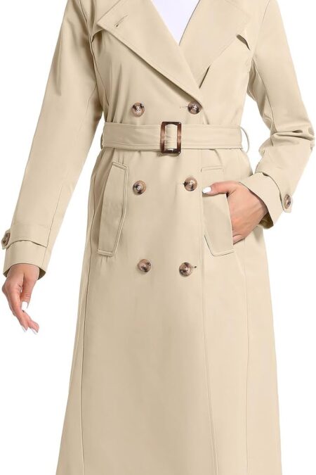Women's Waterproof Double Breasted Long Belted Trench Coat with Removable Hood