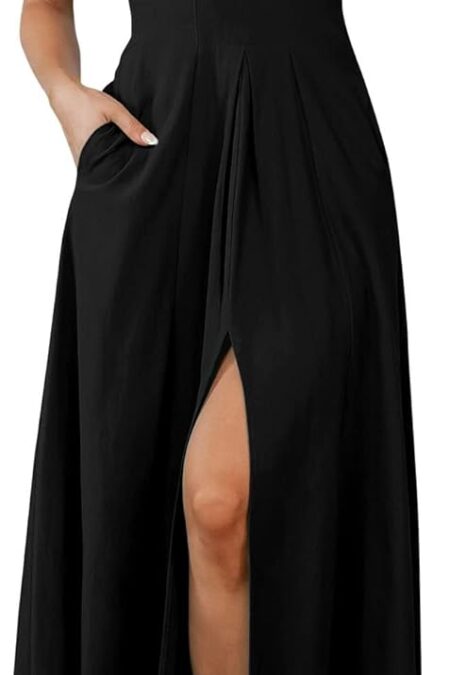 Women's Spaghetti Strap Deep V Neck Cutout Slit Casual Beach Maxi Dress with Pockets