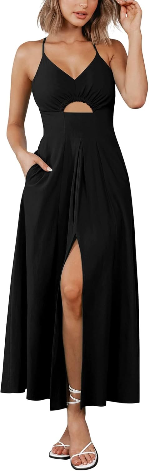 Women's Spaghetti Strap Deep V Neck Cutout Slit Casual Beach Maxi Dress with Pockets