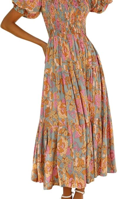 Women's Square Neck Elastic Puff Short Sleeve Floral Swing Maxi Dress
