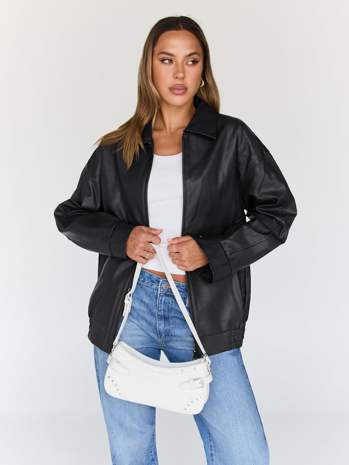 Women's Oversized Faux Leather Bomber Jacket Moto Coat - Image 2