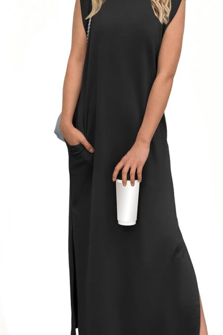Women's Round Neck Sleeveless Side Slit Wrinkle Free Long Maxi Dress with Pockets