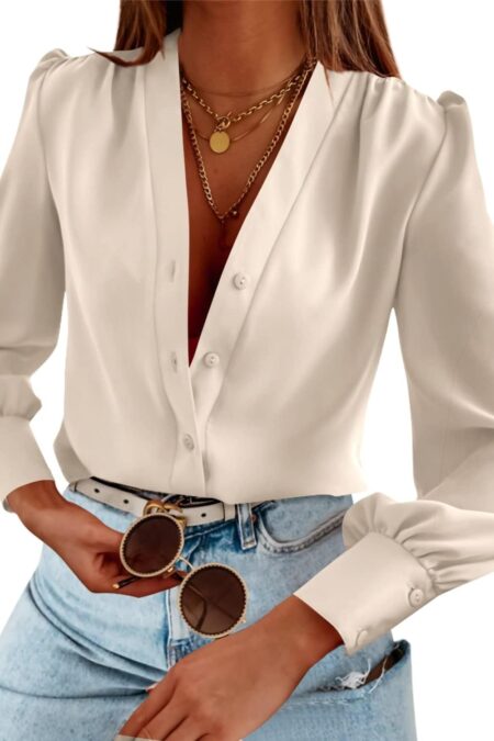 Women's V Neck Long Sleeve Chiffon Button Down Business Casual Blouse