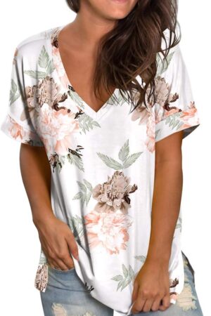 Women's V Neck Rolled Short Sleeve Side Split Loose Fit Summer Top