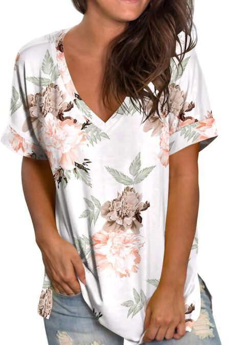 Women's V Neck Rolled Short Sleeve Side Split Loose Fit Summer Top