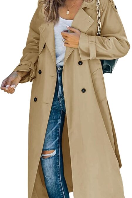 Women's Double Breasted Long Lapel Slim Windproof Overcoat with Belt