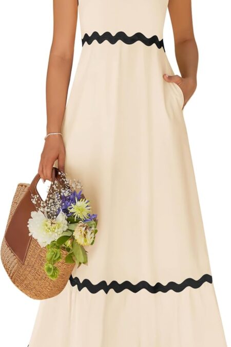 Women's Adjustable Spaghetti Straps Square Neck Smocked Backless Swing Midi Dress