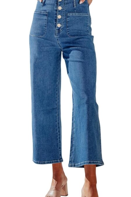 Women's High Waisted Stretchy Buttoned Loose Wide Leg Jeans with Pocket