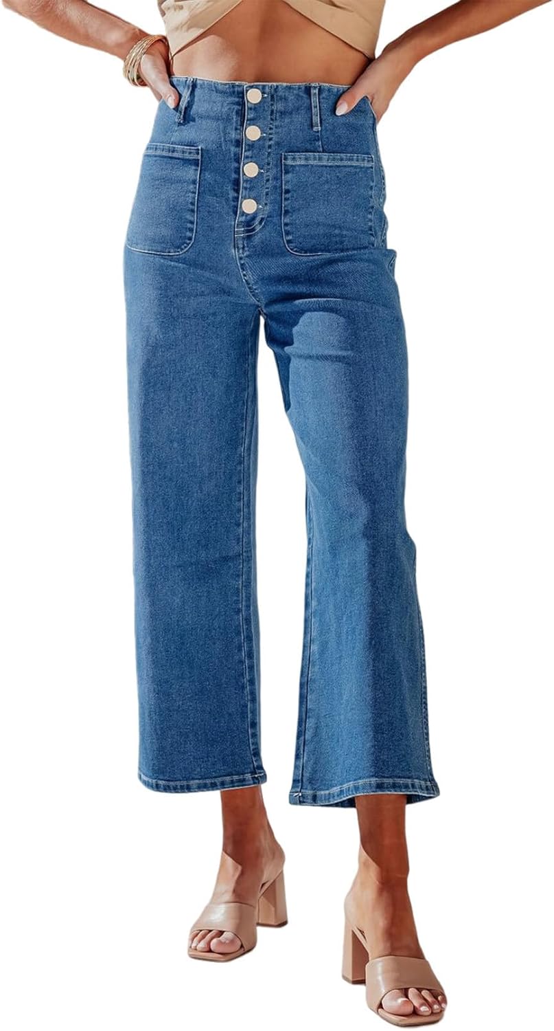 Women's High Waisted Stretchy Buttoned Loose Wide Leg Jeans with Pocket