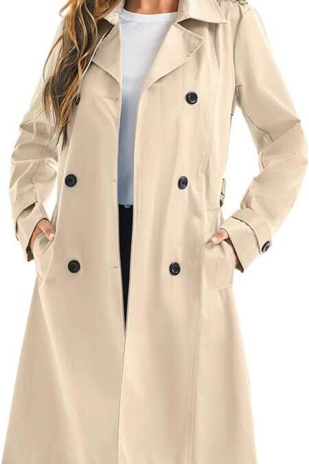 Women's Waterproof Long Double Breasted Belted Windbreaker Trench Coat with Removable Hood