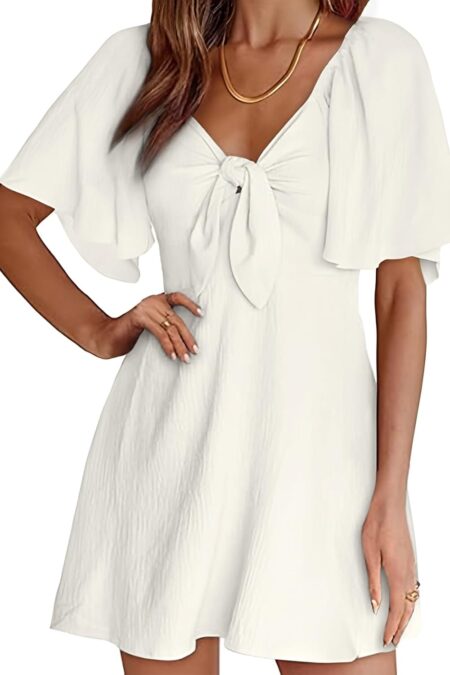 Women's Deep V Neck Bow Tie Floral Embellished Short Sleeve Mini Dress