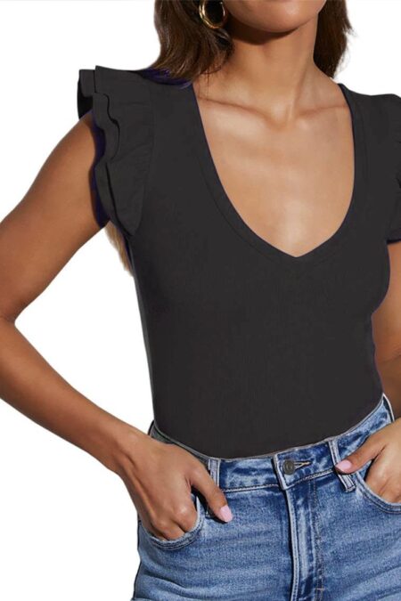 Women's V Neck Ruffle Sleeve Sleeveless Ribbed Tank Top
