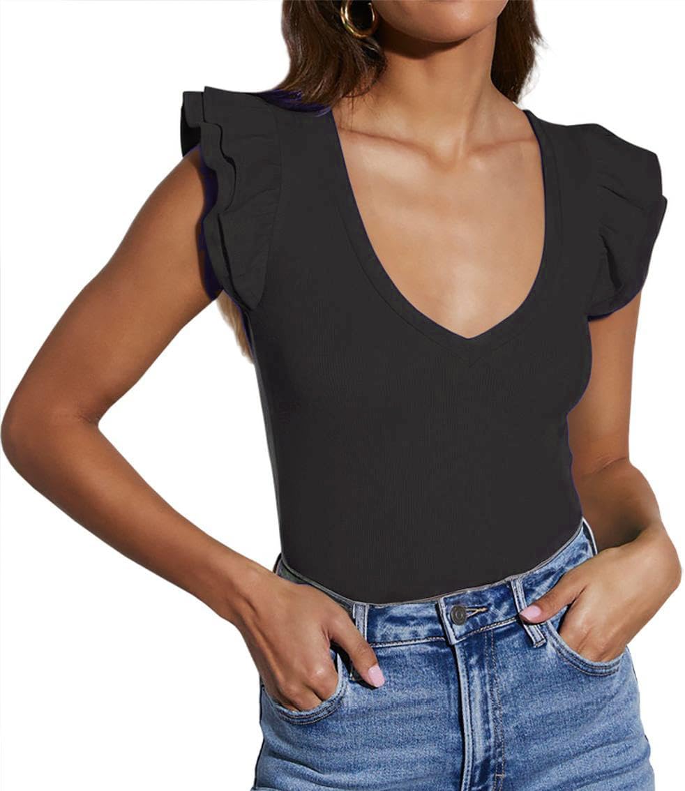 Women's V Neck Ruffle Sleeve Sleeveless Ribbed Tank Top