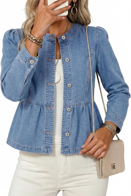 Women's Cropped Collarless Button Down Cinched Waist Denim Jacket