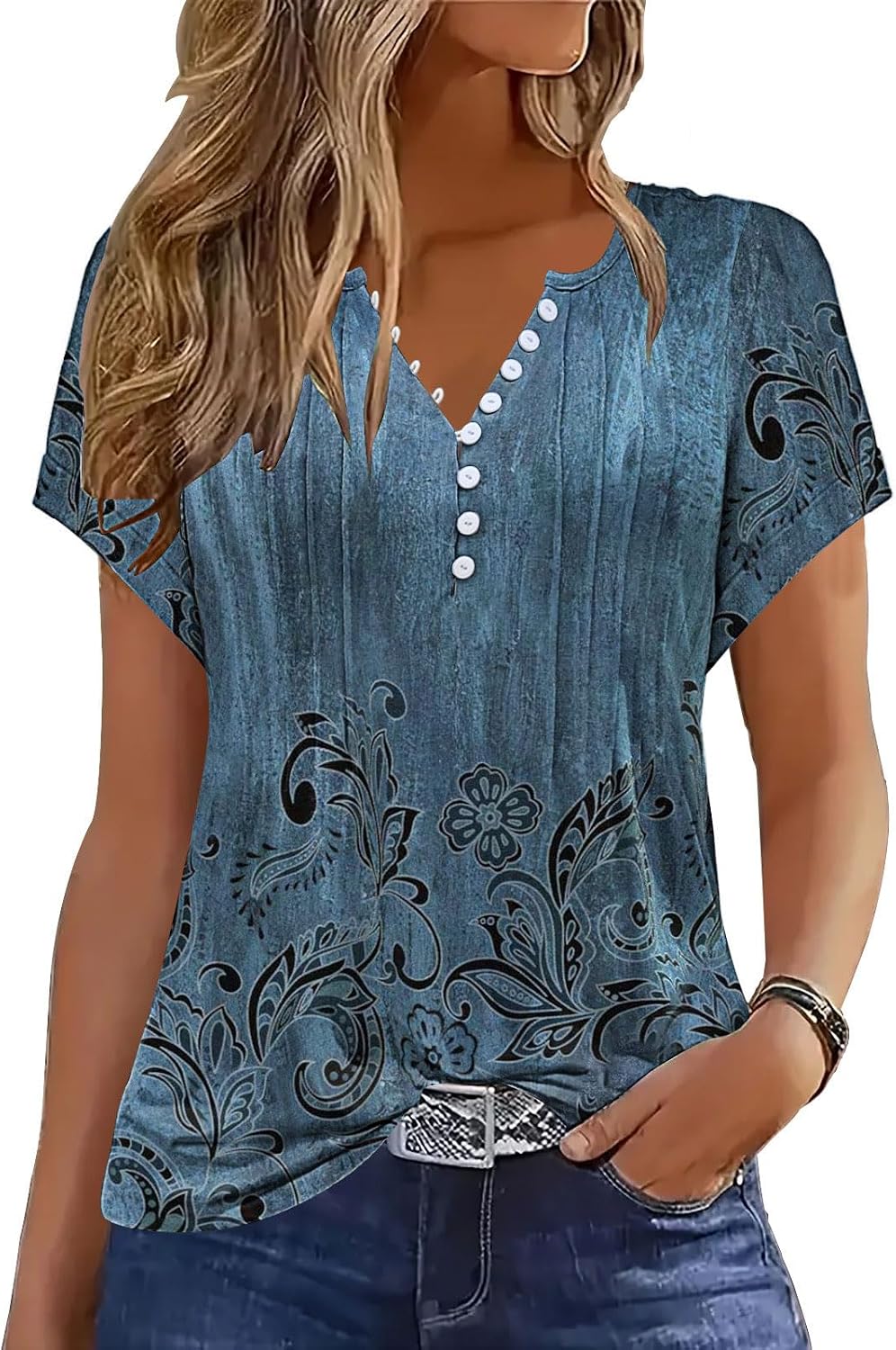 Women's V Neck Short Rolled Sleeve Pleated Front Dressy Summer Top