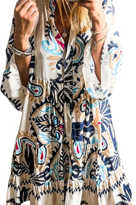 Women's Casual V Neck Tribal Print Mini Beach Dress