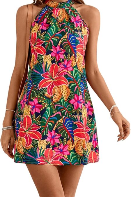 Women's Sleeveless Halter Neck Tropical Print A Line Short Dress