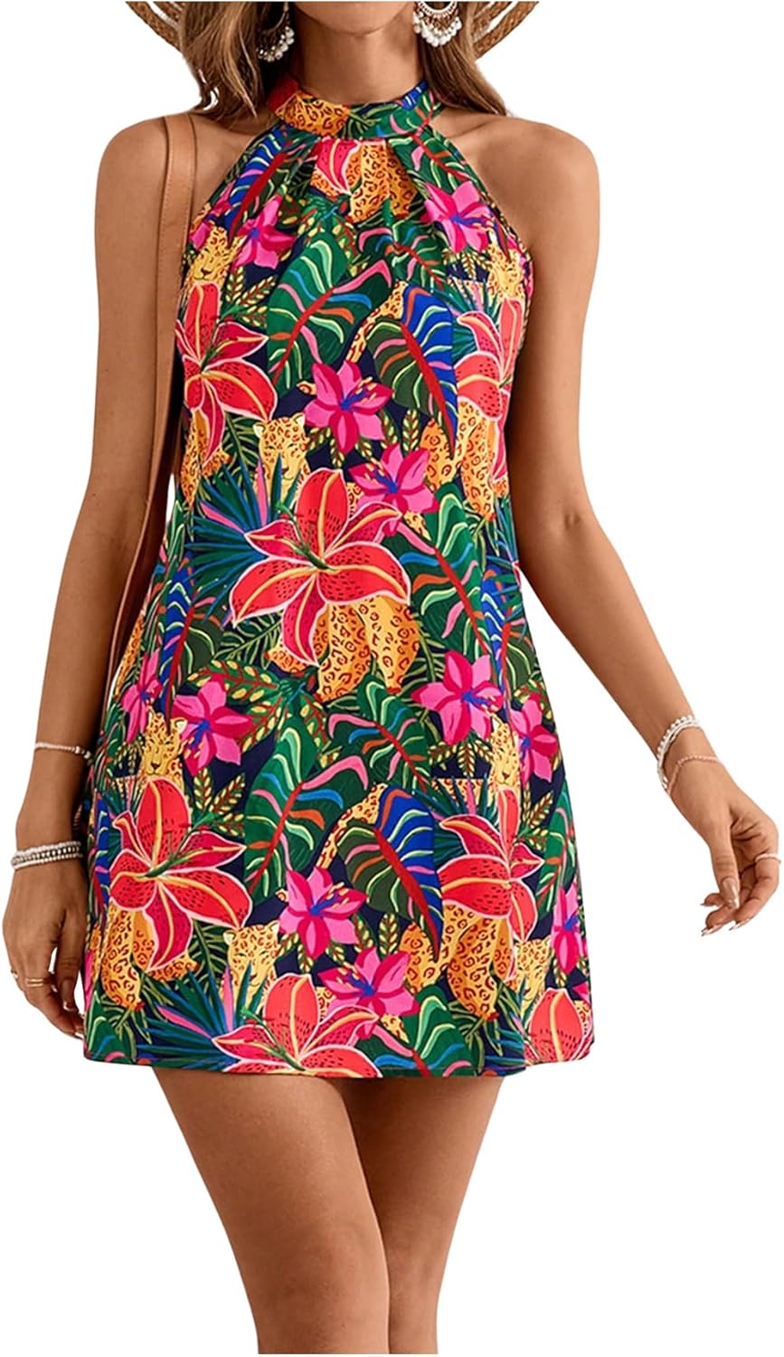 Women's Sleeveless Halter Neck Tropical Print A Line Short Dress