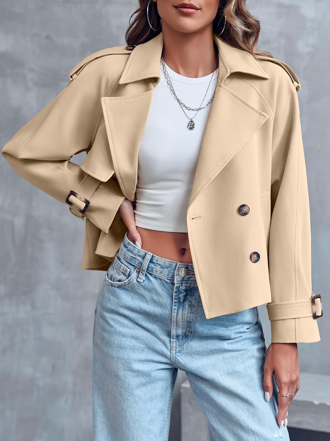 Women's Cropped Double Breasted Raglan Sleeve Work Office Jacket with Pockets - Image 2
