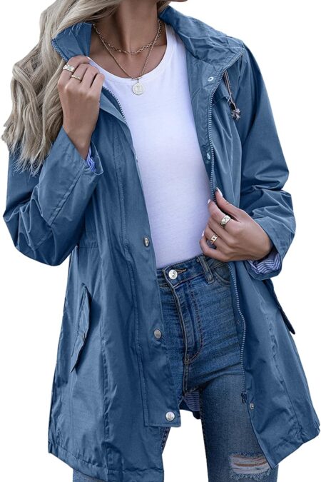 Women's Striped Lined Hooded Lightweight Waterproof Raincoat