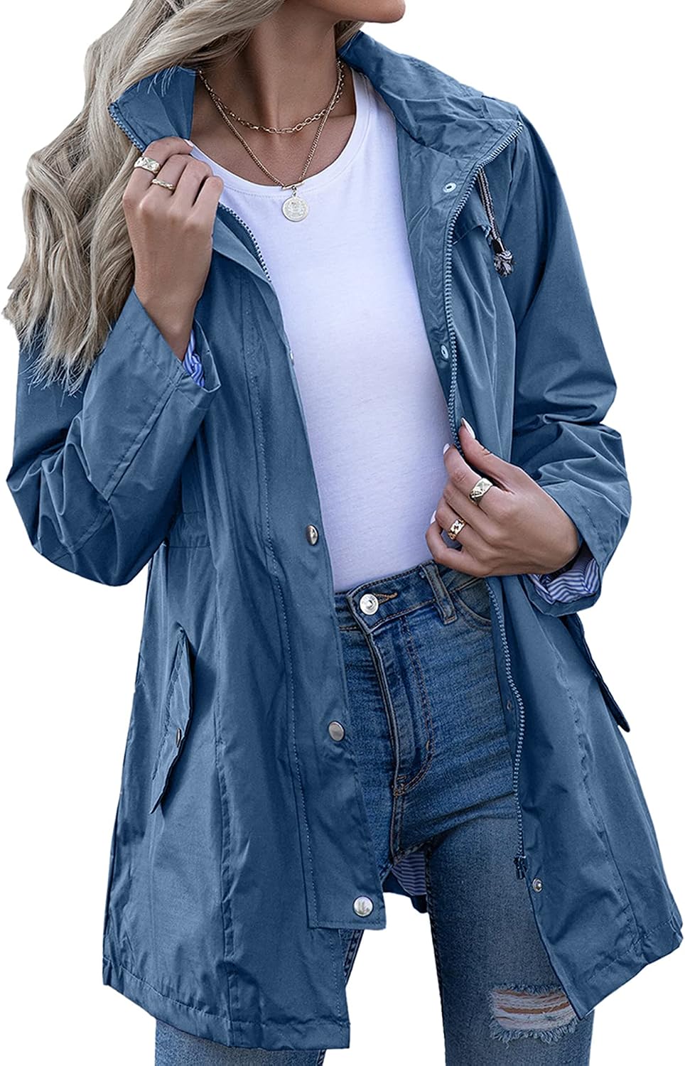 Women's Striped Lined Hooded Lightweight Waterproof Raincoat