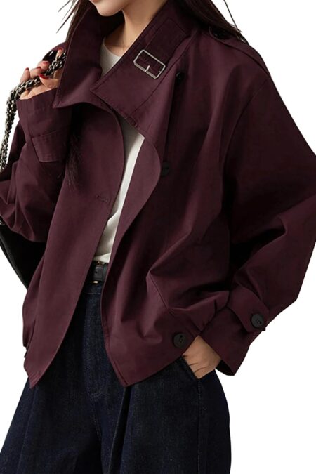 Women's Vintage Trench Coat Turtleneck Crop Jacket with Pockets